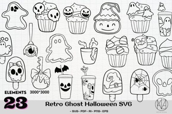 23 Line Art Retro Ghost Halloween SVG