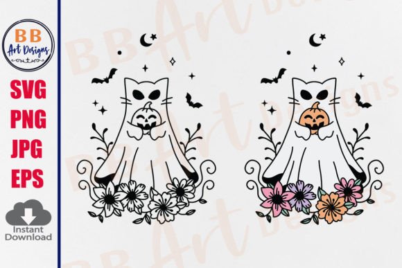 Halloween Floral Ghost Cat SVG, PNG